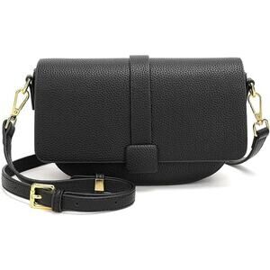 Black Pebbled Vegan Leather Crossbody Bag with Gold Hardware & 2 Straps